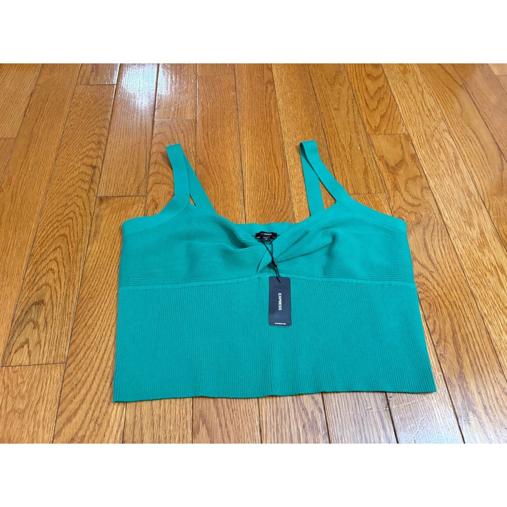 New EXPRESS Twist Front Ribbed Knit crop Tank Top Green‎ XL $58